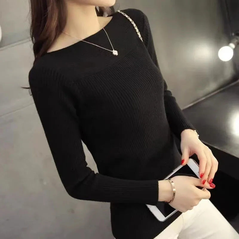 Ribbed Slash Neck Slim Sweater Knitted Long Sleeve Office Casual Solid Pullovers For Women