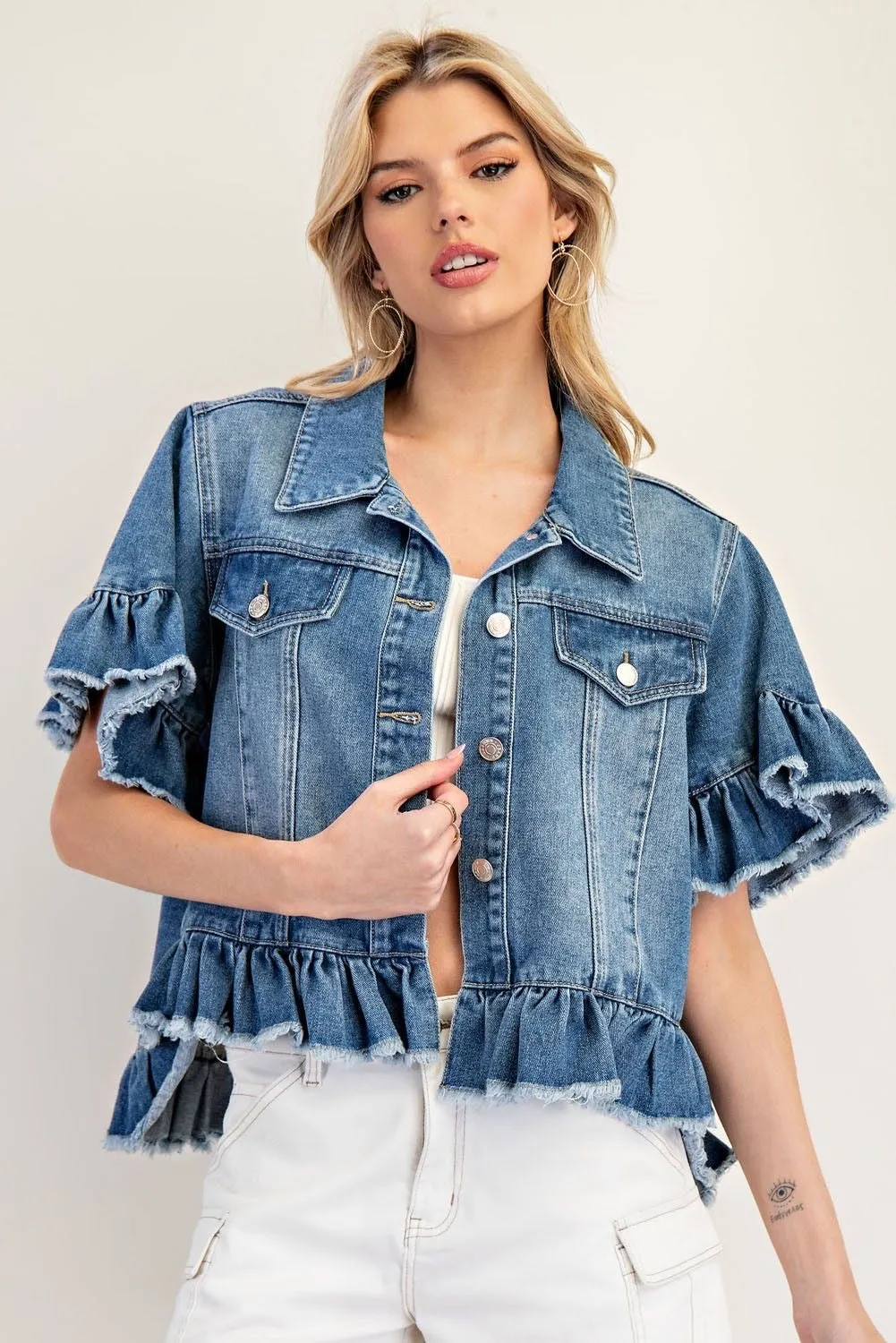 Ruffle Trim Short Sleeve Denim Jacket