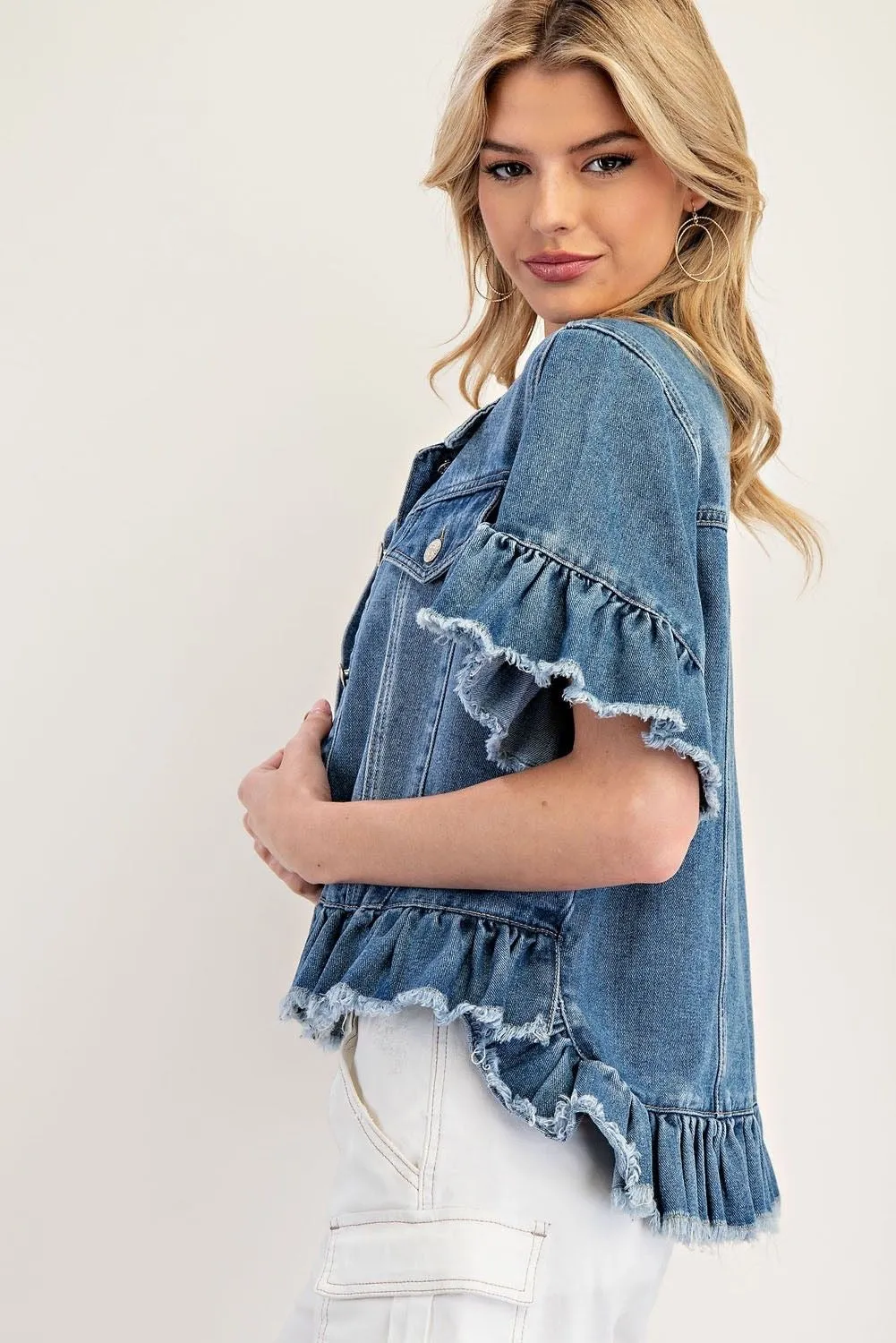 Ruffle Trim Short Sleeve Denim Jacket