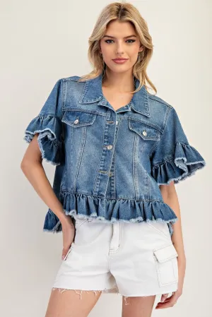 Ruffle Trim Short Sleeve Denim Jacket