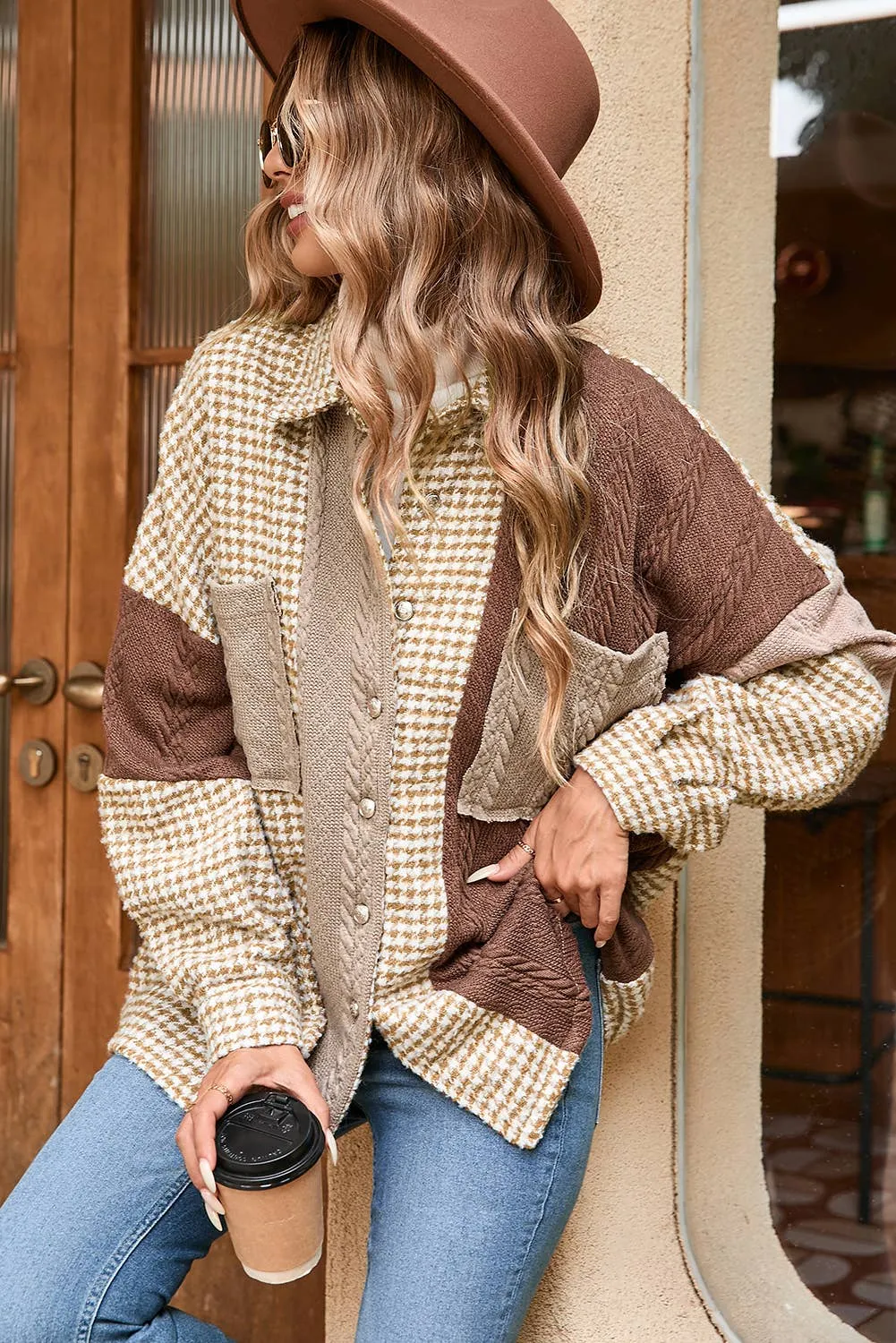 Shacket Houndstooth Color Contrast Textured Patchwork Loose