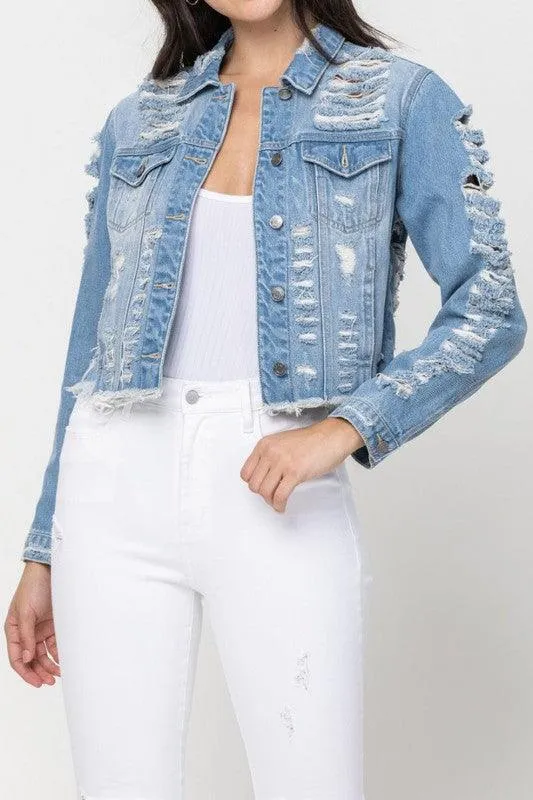 SHREDDED CROP DENIM JACKET
