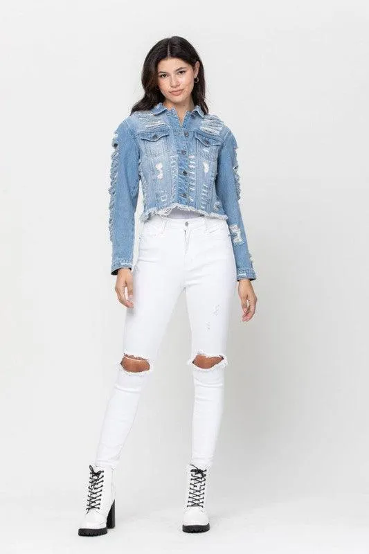 SHREDDED CROP DENIM JACKET