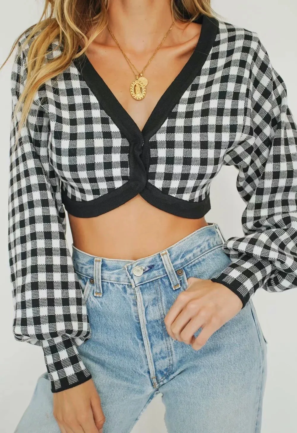 Single-breasted V-neck Lattice Grid Knitting Cardigans Sweaters