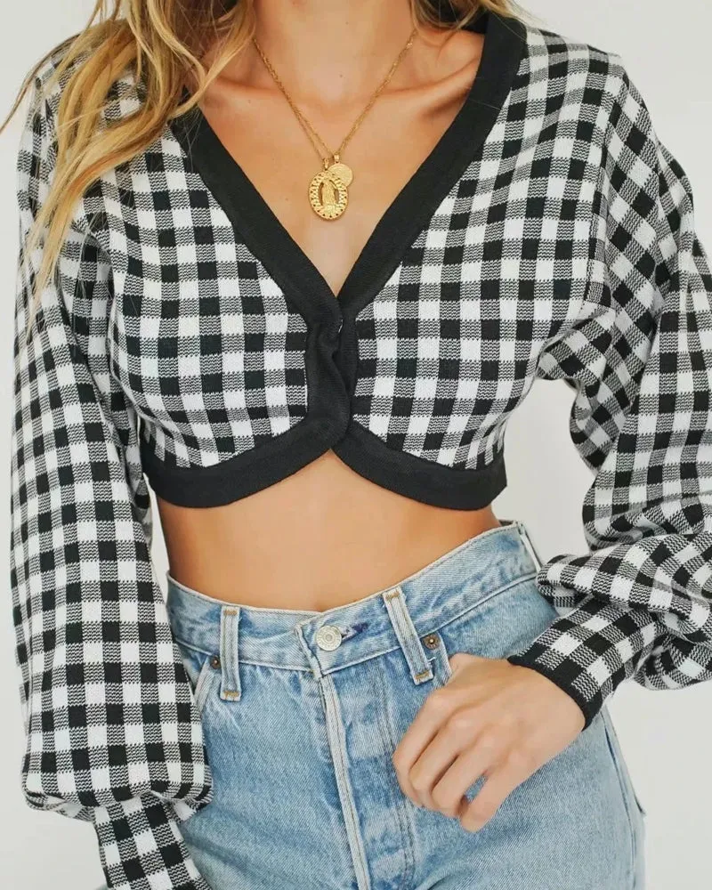 Single-breasted V-neck Lattice Grid Knitting Cardigans Sweaters