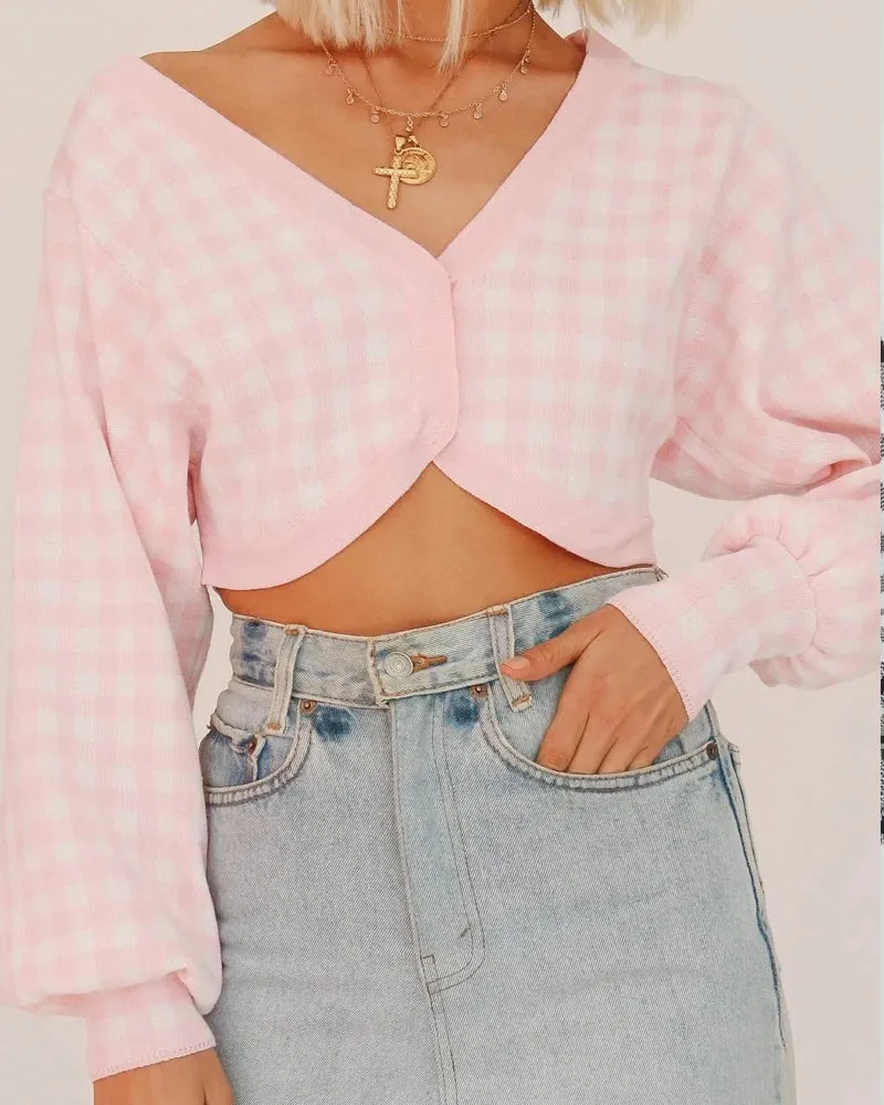 Single-breasted V-neck Lattice Grid Knitting Cardigans Sweaters