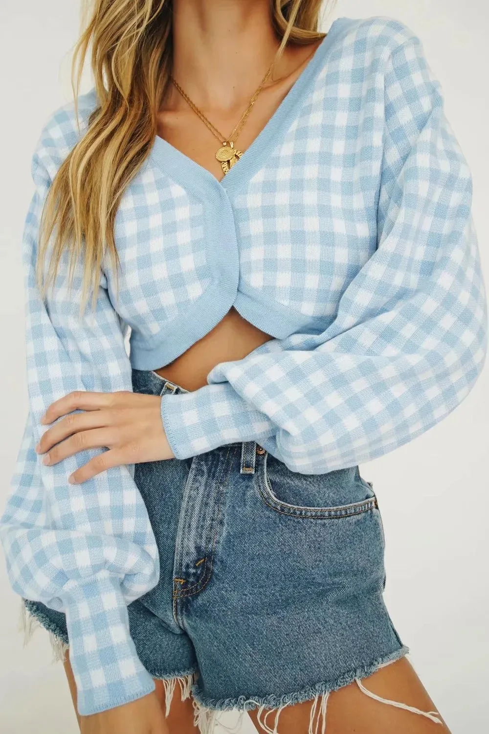 Single-breasted V-neck Lattice Grid Knitting Cardigans Sweaters