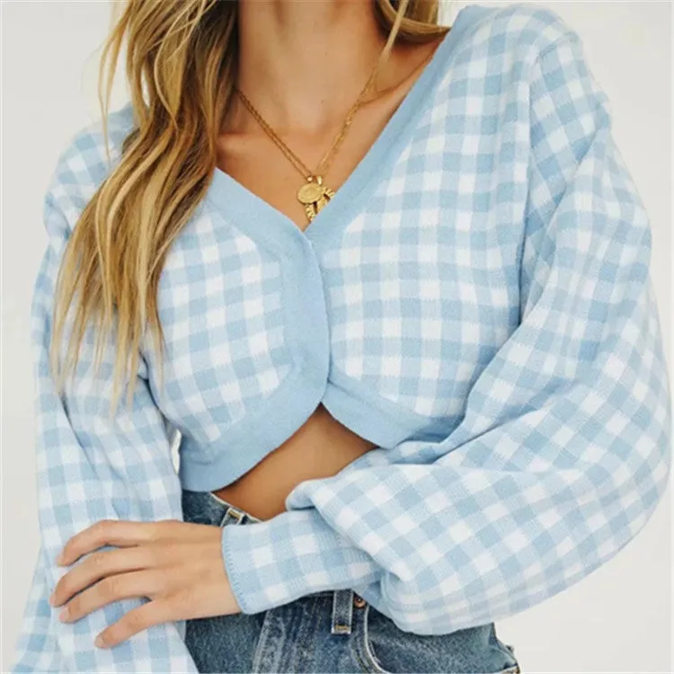 Single-breasted V-neck Lattice Grid Knitting Cardigans Sweaters