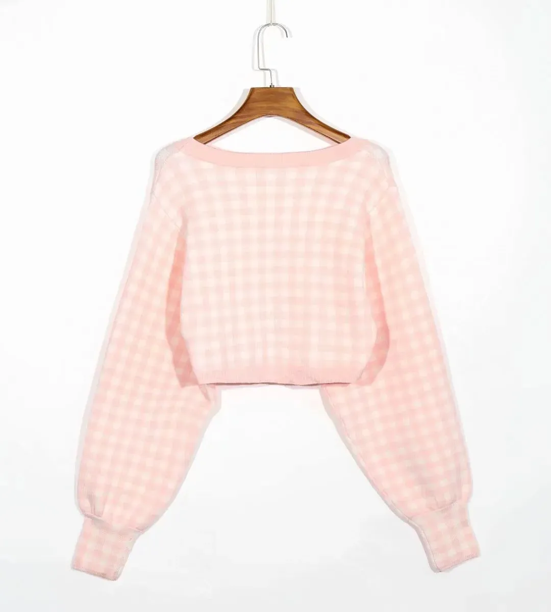 Single-breasted V-neck Lattice Grid Knitting Cardigans Sweaters
