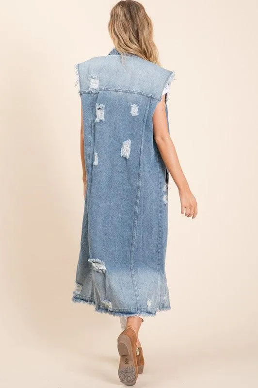 SLEEVELESS DENIM DISTRESS LONG DENIM JACKET