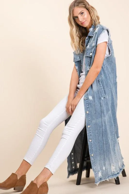 SLEEVELESS DENIM DISTRESS LONG DENIM JACKET