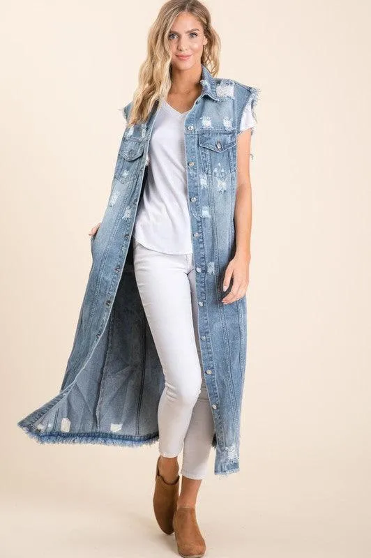 SLEEVELESS DENIM DISTRESS LONG DENIM JACKET