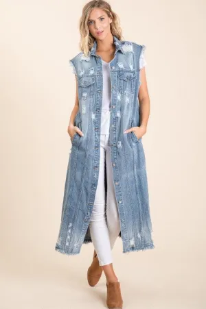 SLEEVELESS DENIM DISTRESS LONG DENIM JACKET