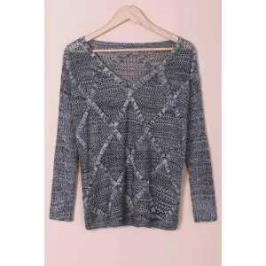 Solid Color Hollow Out Design Long Sleeve V-Neck Women's Sweater - Light Gray One Size