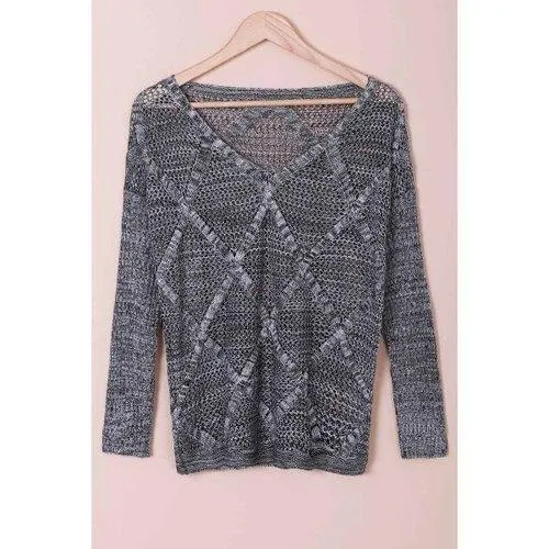 Solid Color Hollow Out Design Long Sleeve V-Neck Women's Sweater - Light Gray One Size