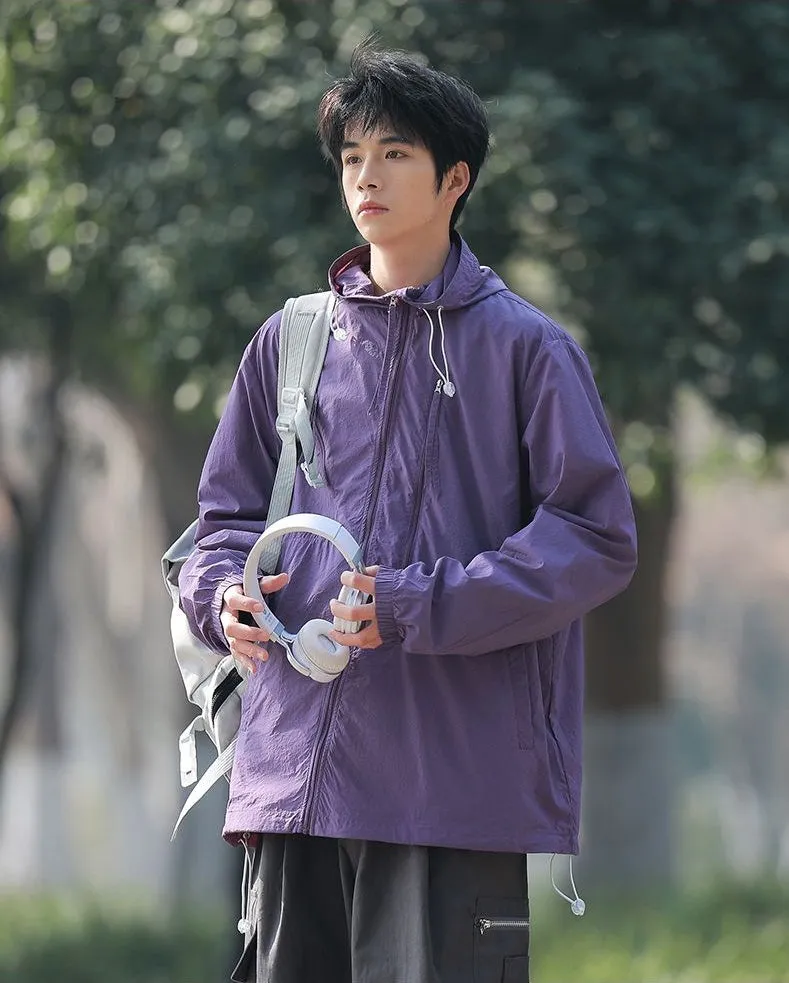 Solid Color Men's Windbreaker Featuring Elastic Band Cuffs