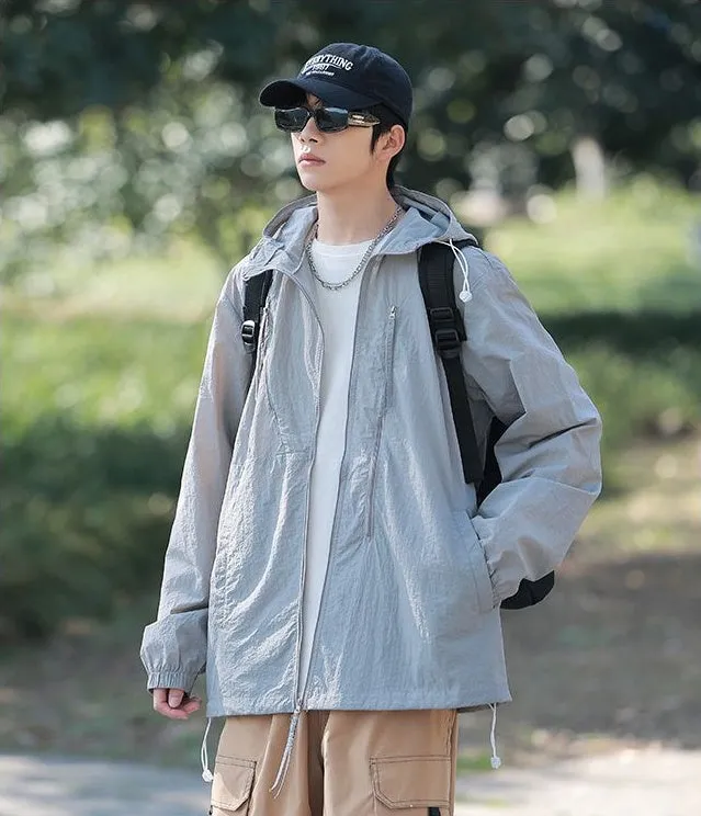 Solid Color Men's Windbreaker Featuring Elastic Band Cuffs