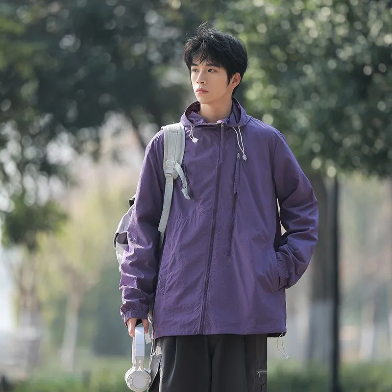 Solid Color Men's Windbreaker Featuring Elastic Band Cuffs