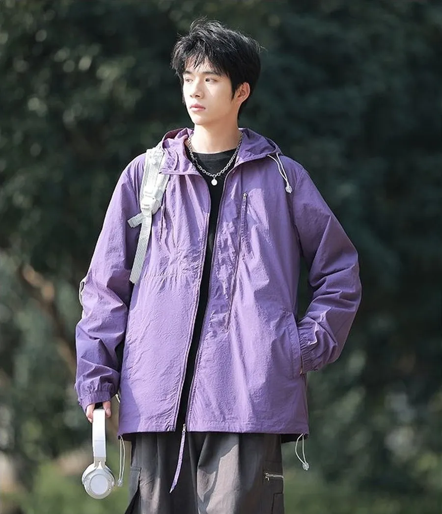 Solid Color Men's Windbreaker Featuring Elastic Band Cuffs