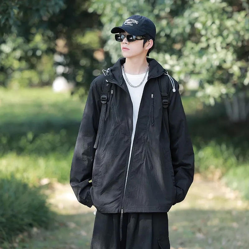 Solid Color Men's Windbreaker Featuring Elastic Band Cuffs