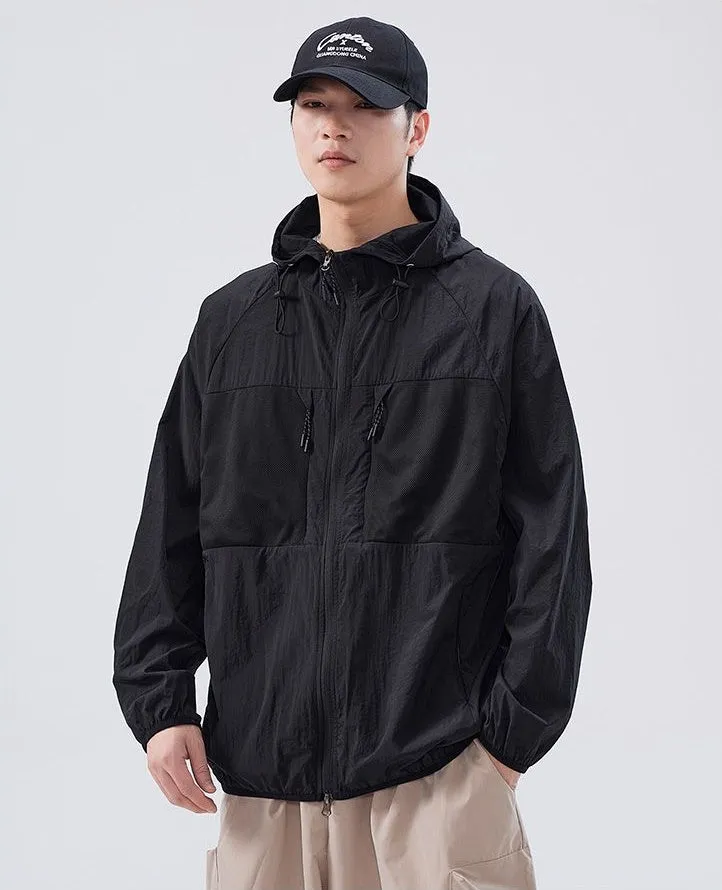Solid Color Windbreaker for Men Featuring Zippered Pockets and Patch Pocket
