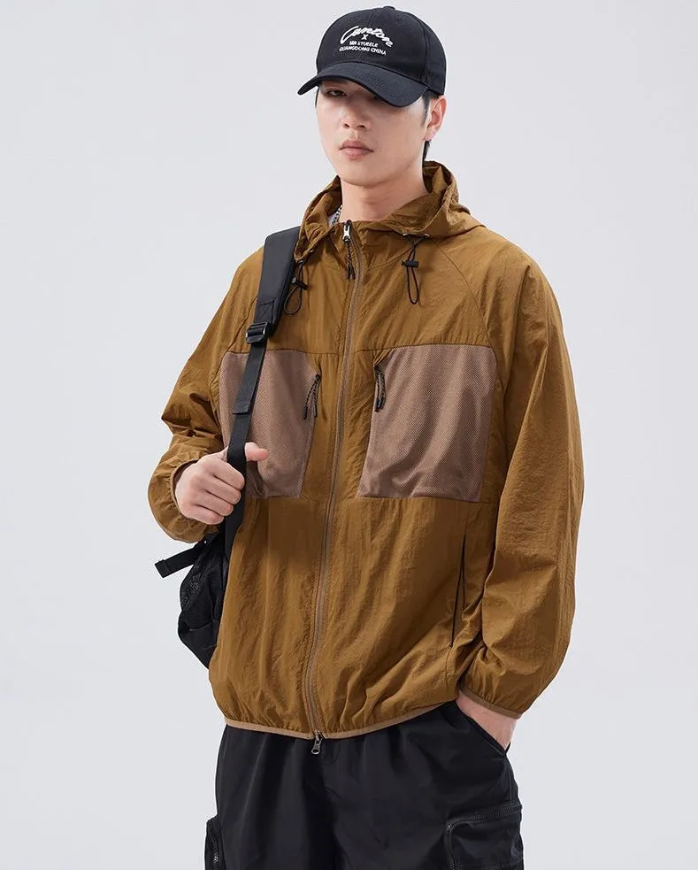 Solid Color Windbreaker for Men Featuring Zippered Pockets and Patch Pocket