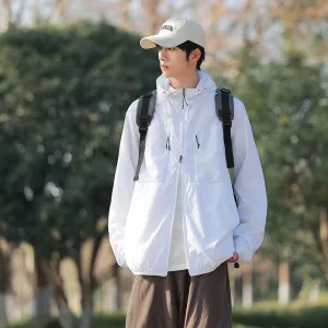 Solid Color Windbreaker for Men Featuring Zippered Pockets and Patch Pocket