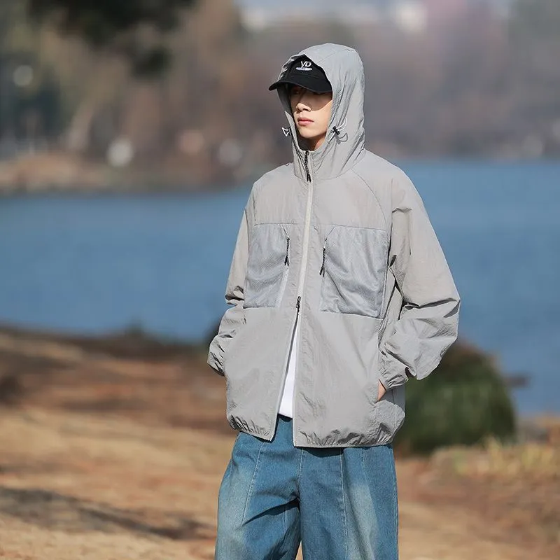 Solid Color Windbreaker for Men Featuring Zippered Pockets and Patch Pocket