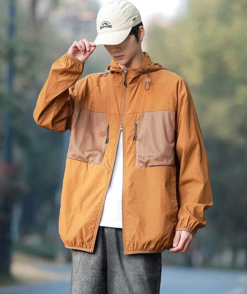 Solid Color Windbreaker for Men Featuring Zippered Pockets and Patch Pocket