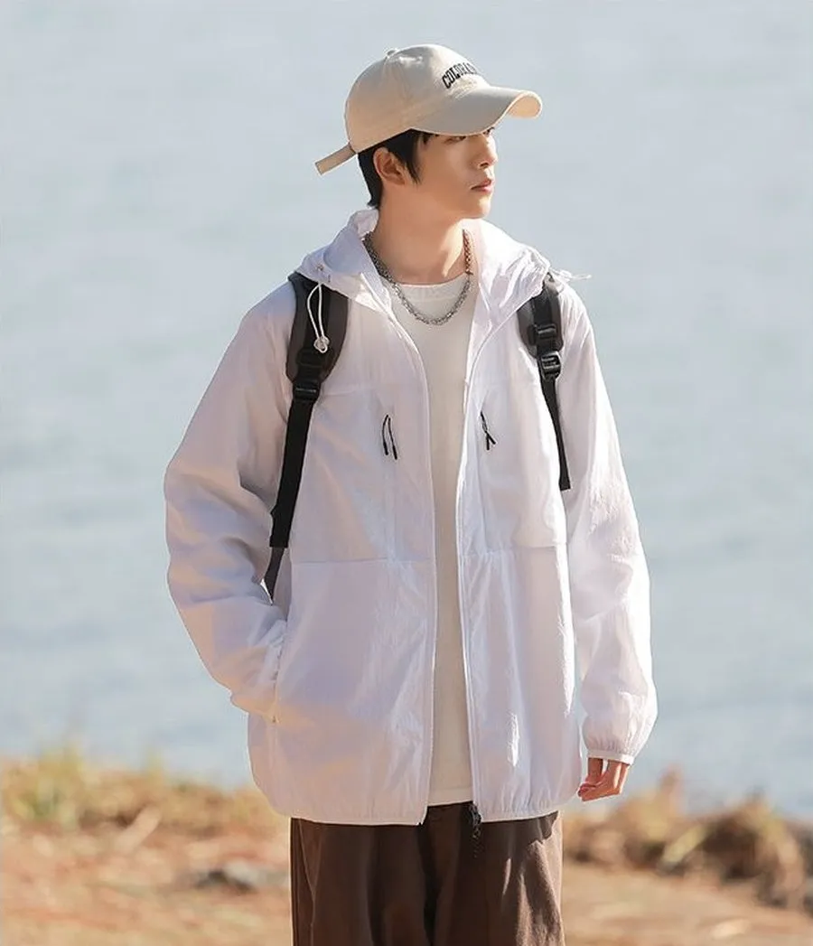 Solid Color Windbreaker for Men Featuring Zippered Pockets and Patch Pocket