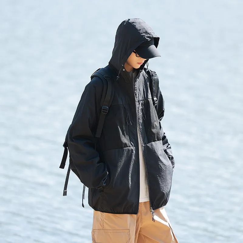 Solid Color Windbreaker for Men Featuring Zippered Pockets and Patch Pocket