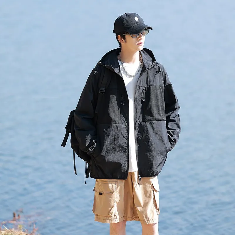 Solid Color Windbreaker for Men Featuring Zippered Pockets and Patch Pocket