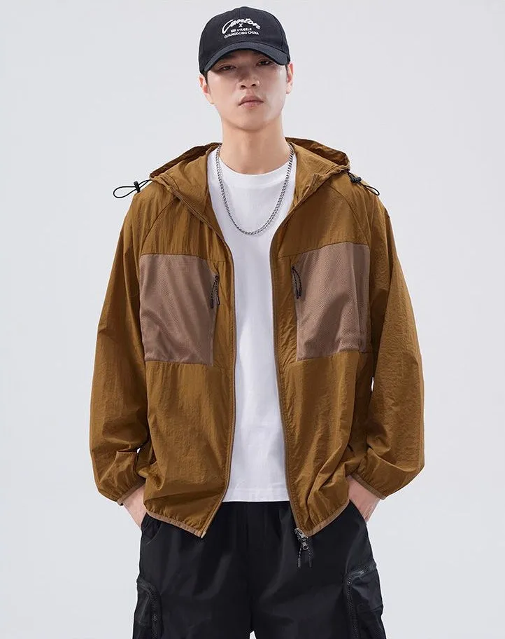Solid Color Windbreaker for Men Featuring Zippered Pockets and Patch Pocket