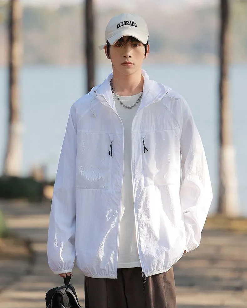 Solid Color Windbreaker for Men Featuring Zippered Pockets and Patch Pocket