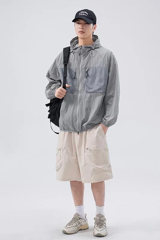 Solid Color Windbreaker for Men Featuring Zippered Pockets and Patch Pocket