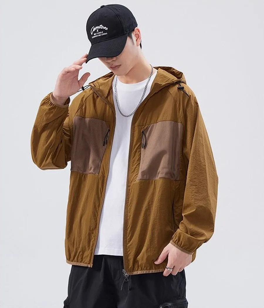 Solid Color Windbreaker for Men Featuring Zippered Pockets and Patch Pocket