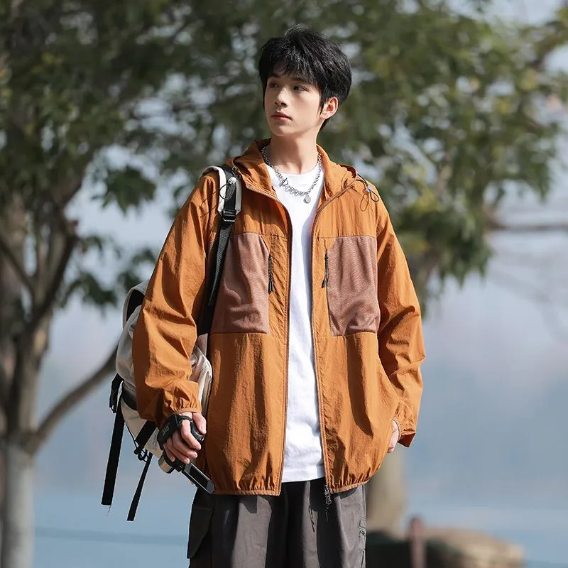 Solid Color Windbreaker for Men Featuring Zippered Pockets and Patch Pocket