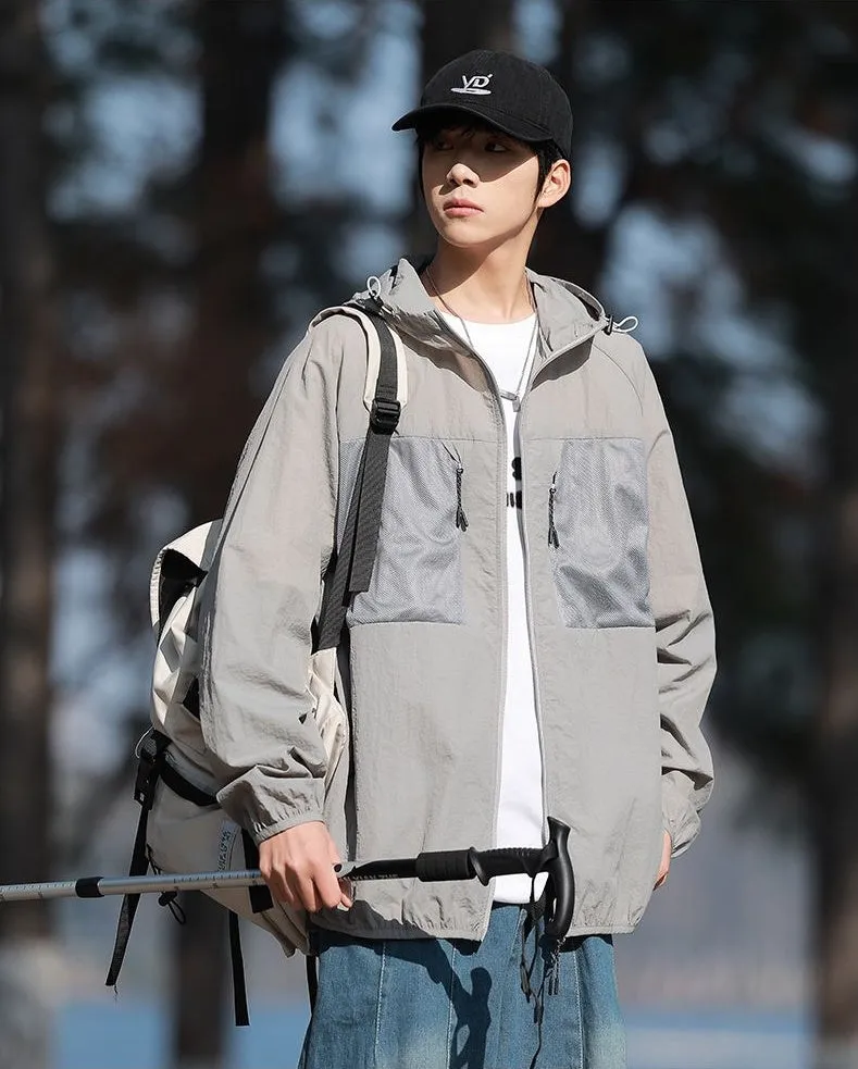 Solid Color Windbreaker for Men Featuring Zippered Pockets and Patch Pocket