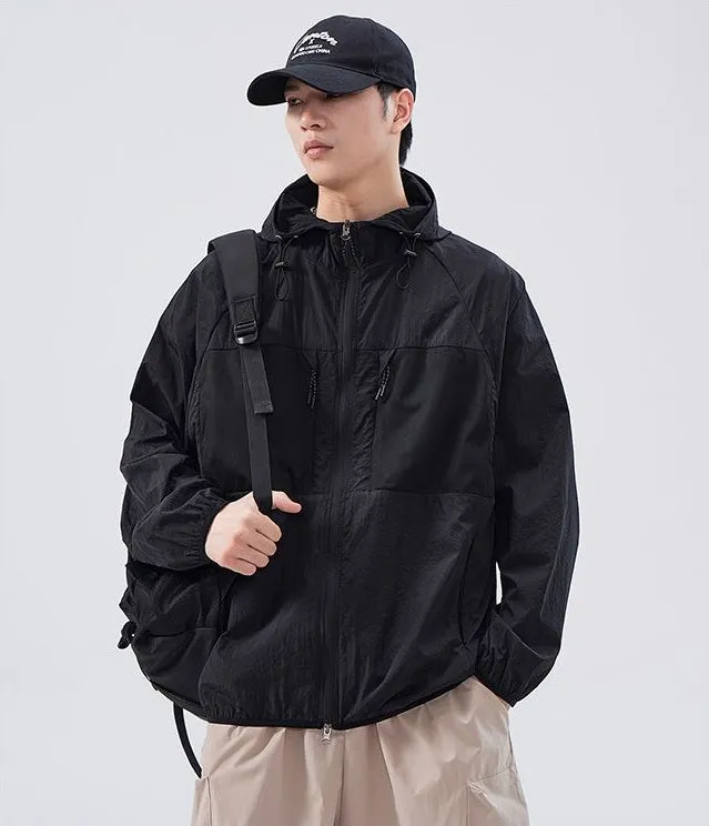 Solid Color Windbreaker for Men Featuring Zippered Pockets and Patch Pocket