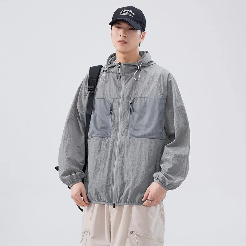 Solid Color Windbreaker for Men Featuring Zippered Pockets and Patch Pocket