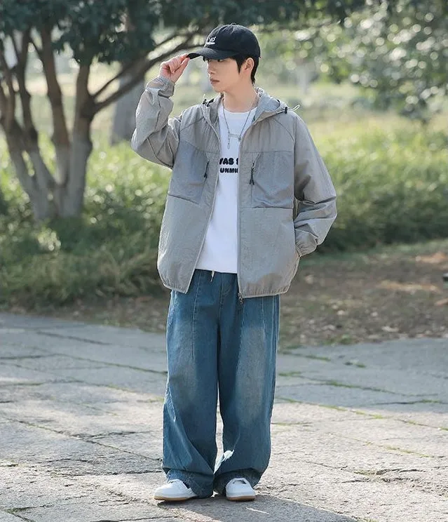 Solid Color Windbreaker for Men Featuring Zippered Pockets and Patch Pocket