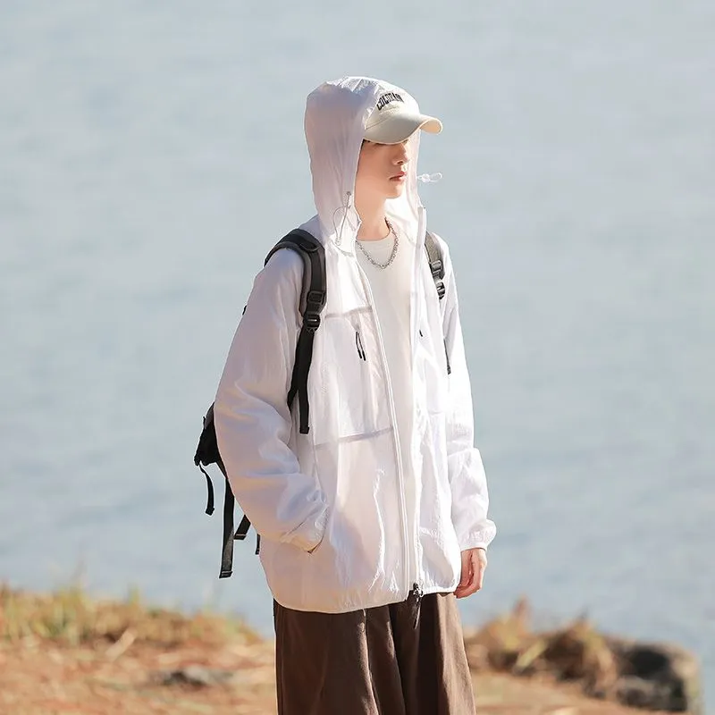 Solid Color Windbreaker for Men Featuring Zippered Pockets and Patch Pocket