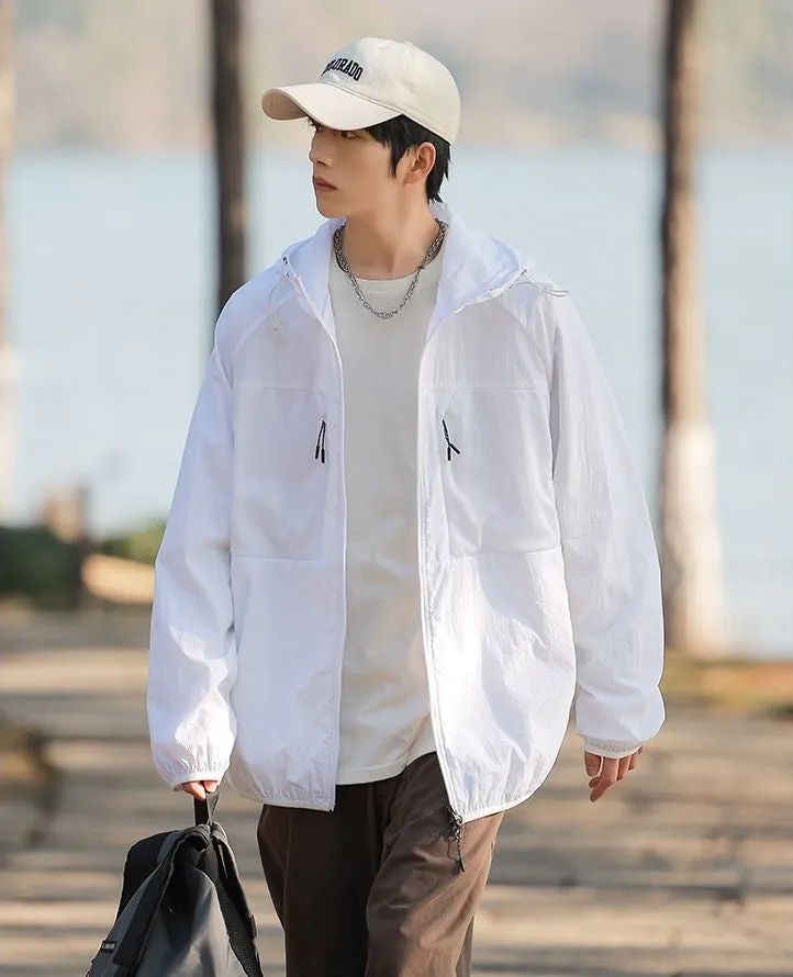 Solid Color Windbreaker for Men Featuring Zippered Pockets and Patch Pocket