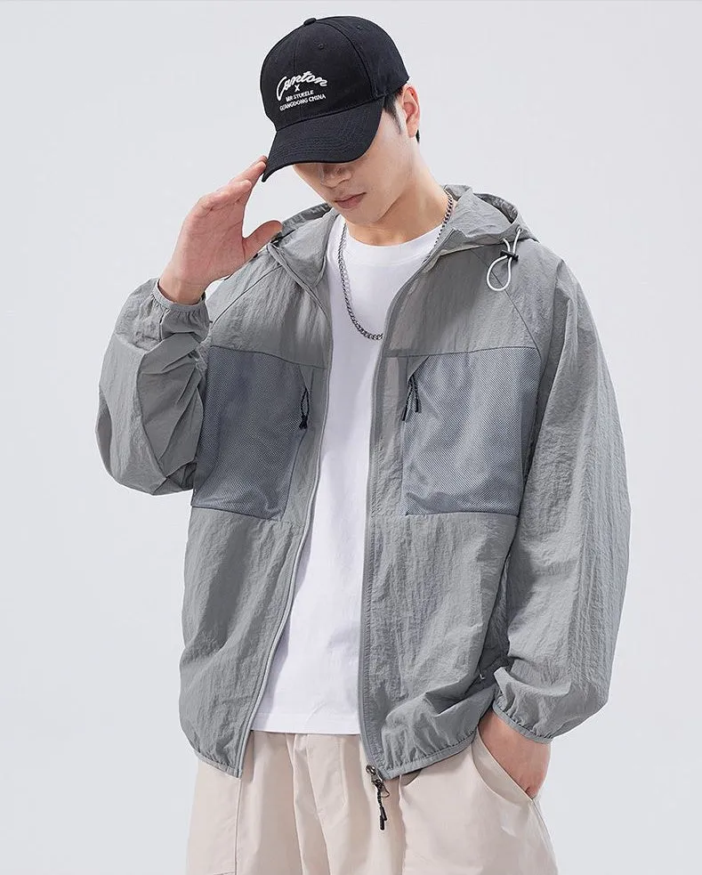Solid Color Windbreaker for Men Featuring Zippered Pockets and Patch Pocket