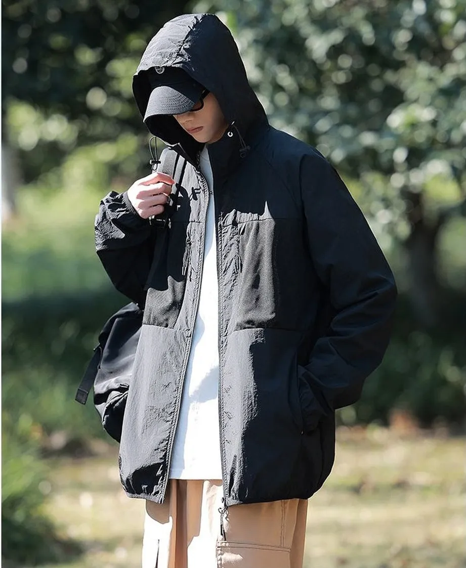 Solid Color Windbreaker for Men Featuring Zippered Pockets and Patch Pocket