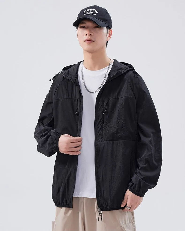 Solid Color Windbreaker for Men Featuring Zippered Pockets and Patch Pocket
