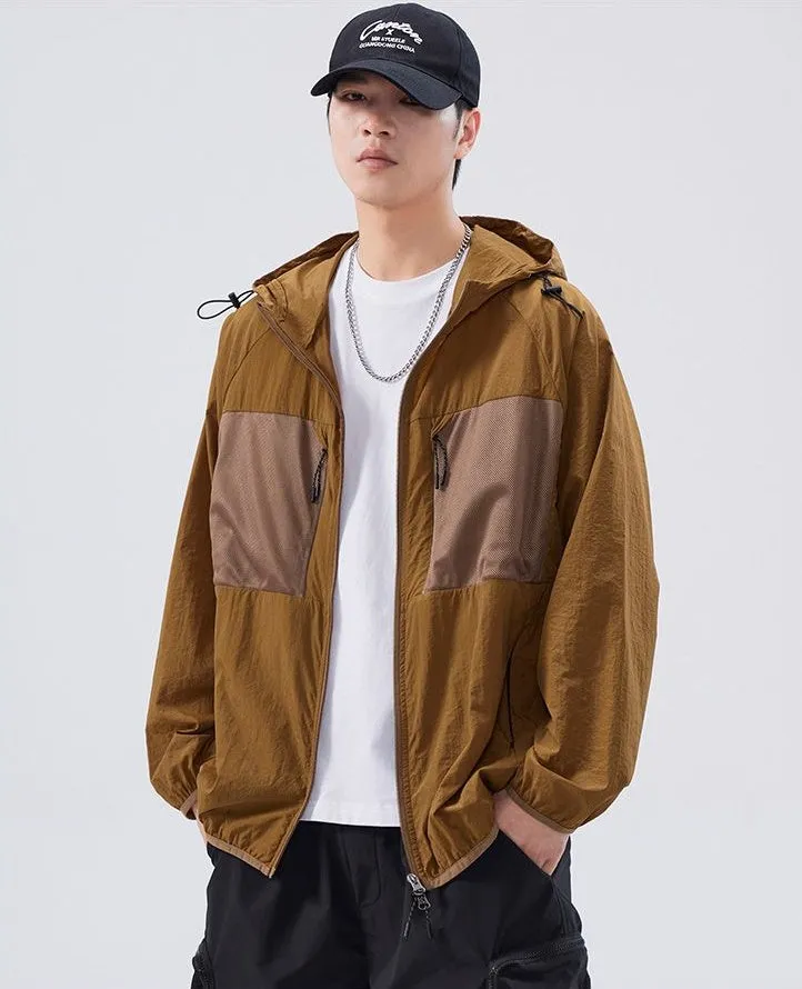 Solid Color Windbreaker for Men Featuring Zippered Pockets and Patch Pocket