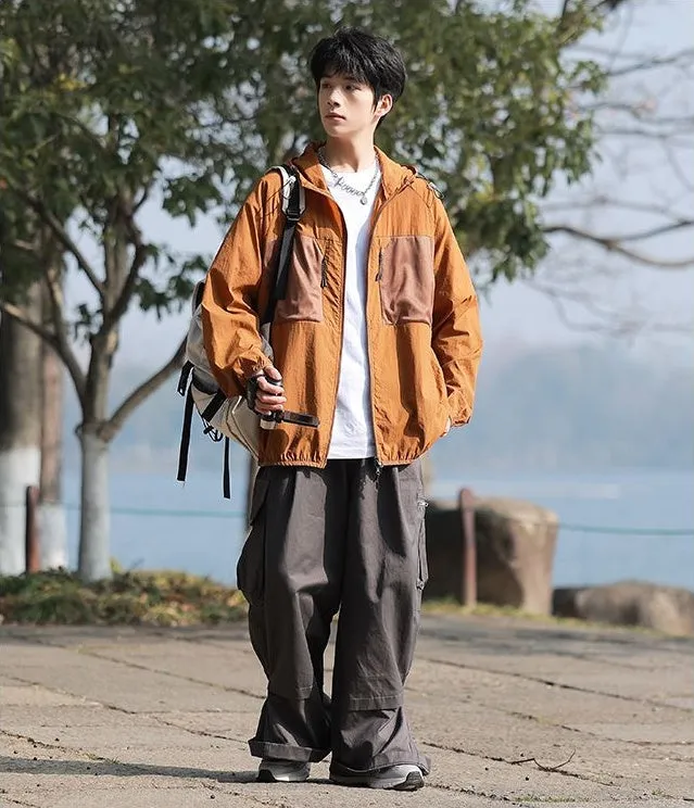 Solid Color Windbreaker for Men Featuring Zippered Pockets and Patch Pocket