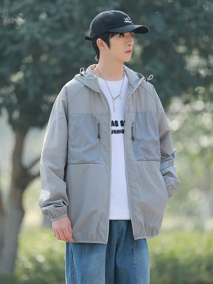 Solid Color Windbreaker for Men Featuring Zippered Pockets and Patch Pocket