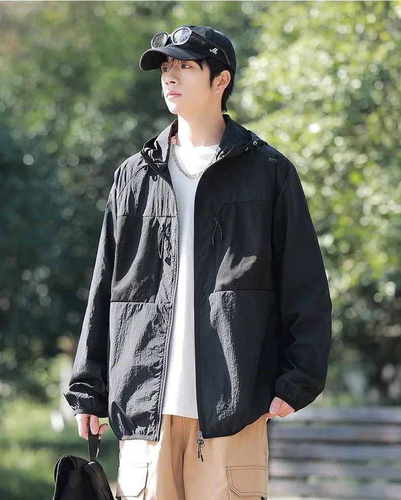 Solid Color Windbreaker for Men Featuring Zippered Pockets and Patch Pocket